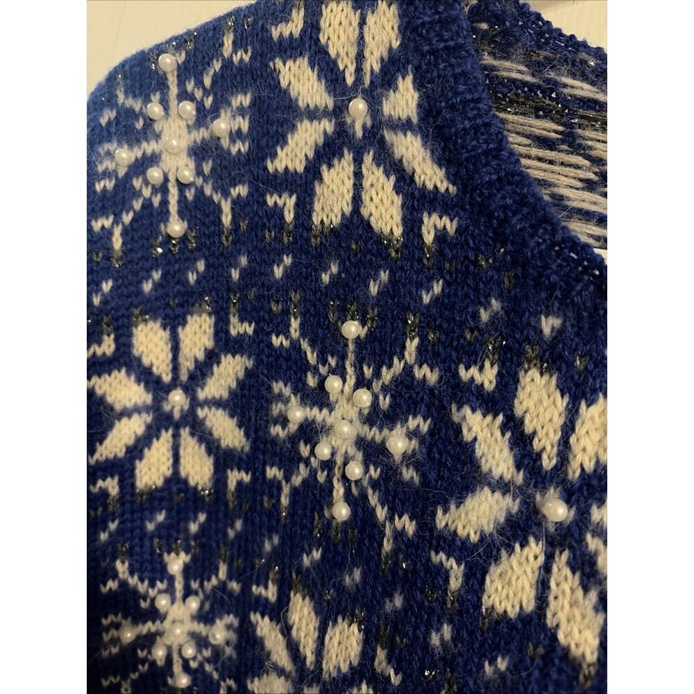 VTG Women Cardigan Sweater Blue White L Wool Nordic Fair Isle Snowflake Winter - Picture 2 of 12